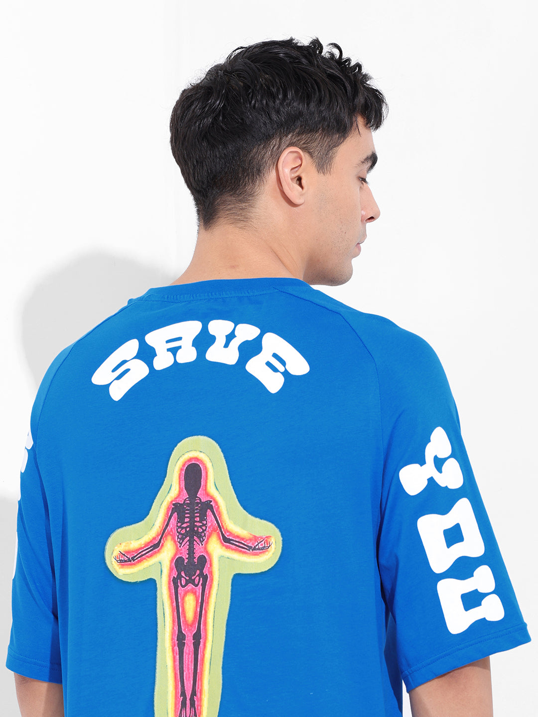 Men's Blue Oversized Graphic Back Printed Round Neck T-shirt