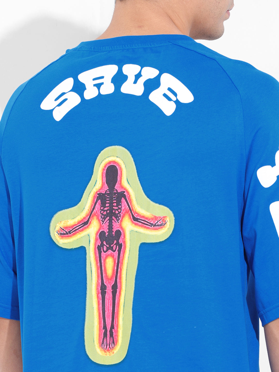 Men's Blue Oversized Graphic Back Printed Round Neck T-shirt