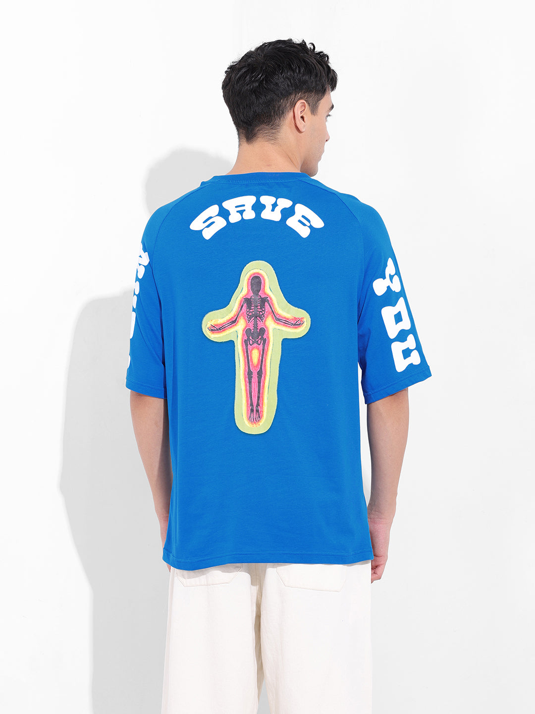 Men's Blue Oversized Graphic Back Printed Round Neck T-shirt
