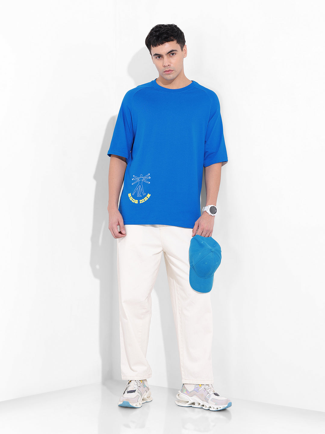 Men's Blue Oversized Graphic Back Printed Round Neck T-shirt