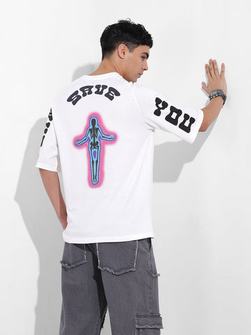 Men's White Oversized Graphic Back Printed Round Neck T-shirt