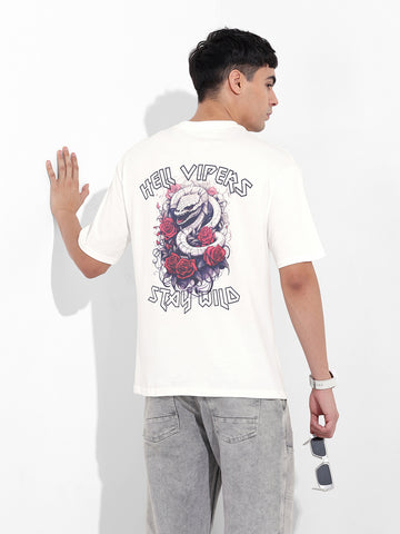 Men's White Boxy Oversized Graphic Back Printed Round Neck T-shirt