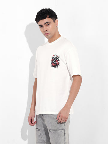 Men's White Boxy Oversized Graphic Back Printed Round Neck T-shirt