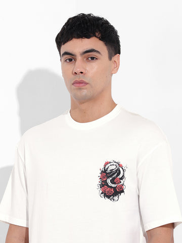 Men's White Boxy Oversized Graphic Back Printed Round Neck T-shirt