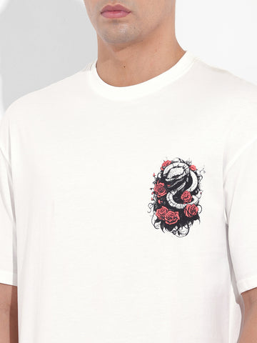 Men's White Boxy Oversized Graphic Back Printed Round Neck T-shirt