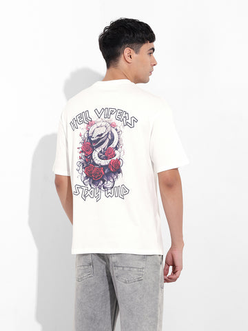Men's White Boxy Oversized Graphic Back Printed Round Neck T-shirt