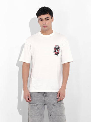 Men's White Boxy Oversized Graphic Back Printed Round Neck T-shirt