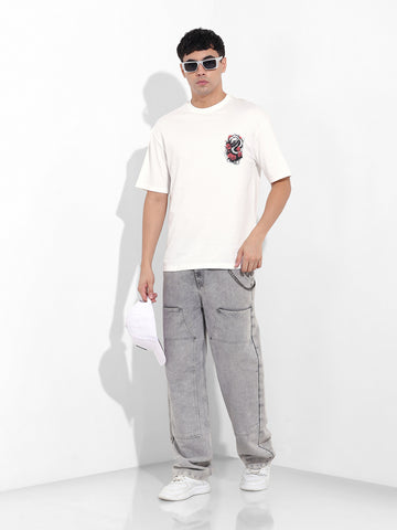 Men's White Boxy Oversized Graphic Back Printed Round Neck T-shirt