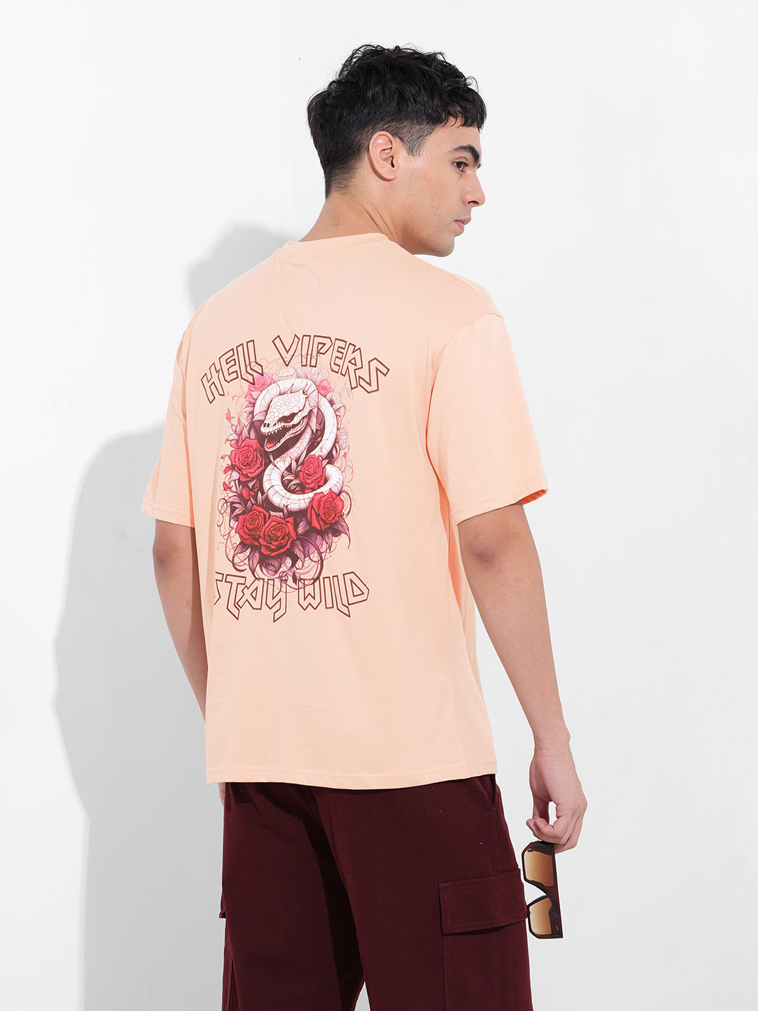 Men's Beige Boxy Oversized Graphic Back Printed Round Neck T-shirt