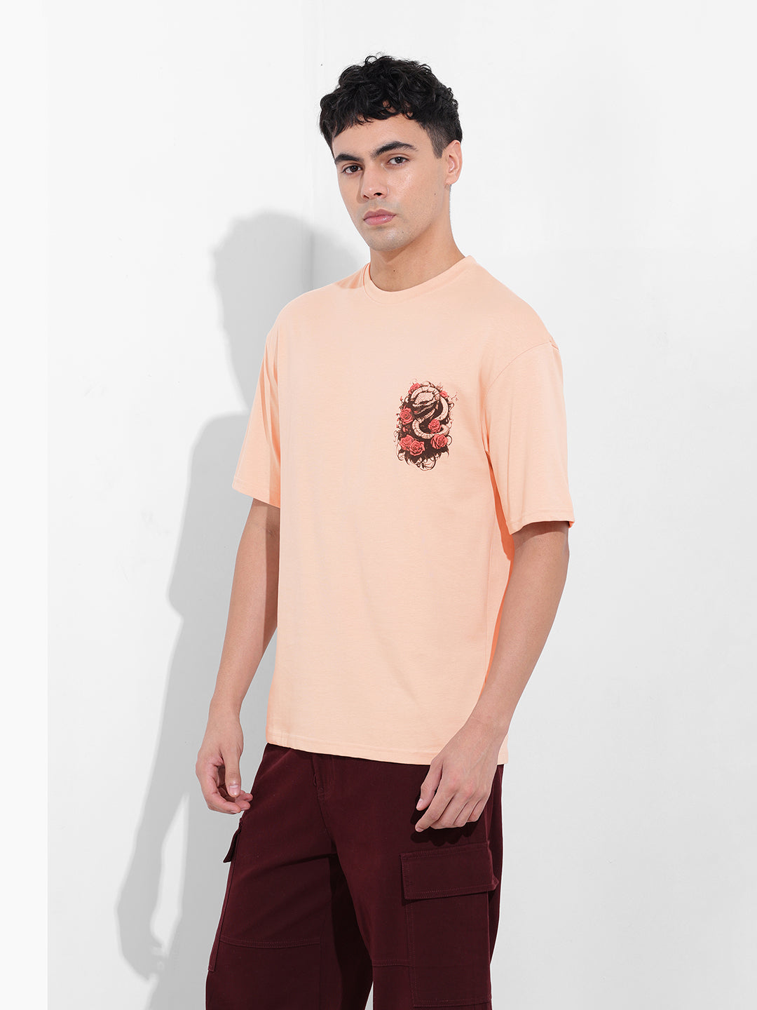 Men's Beige Boxy Oversized Graphic Back Printed Round Neck T-shirt