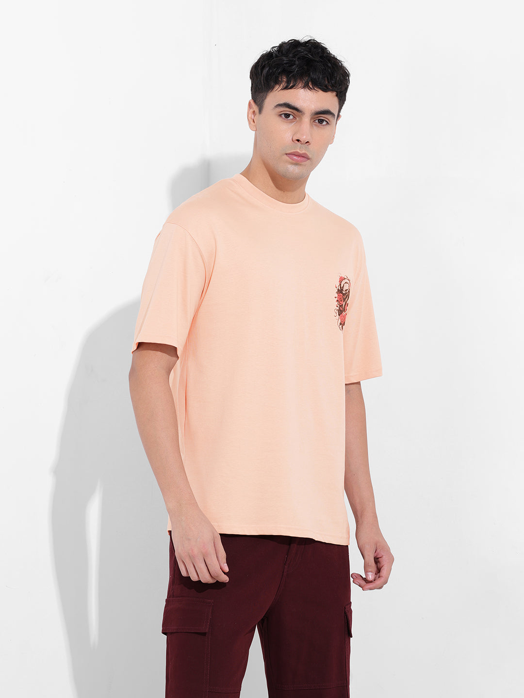 Men's Beige Boxy Oversized Graphic Back Printed Round Neck T-shirt