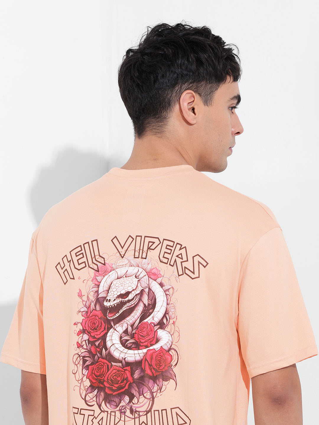 Men's Beige Boxy Oversized Graphic Back Printed Round Neck T-shirt