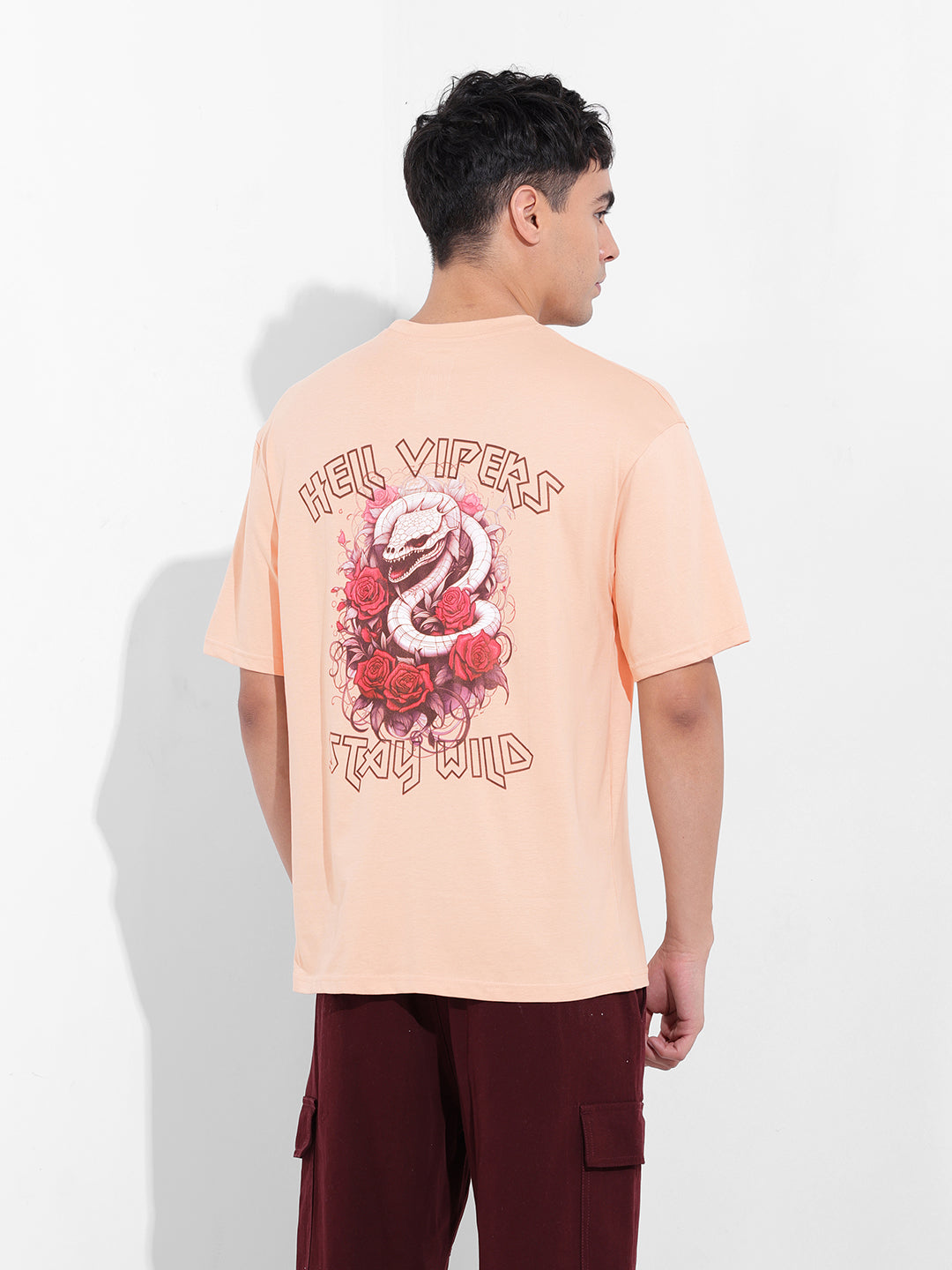 Men's Beige Boxy Oversized Graphic Back Printed Round Neck T-shirt