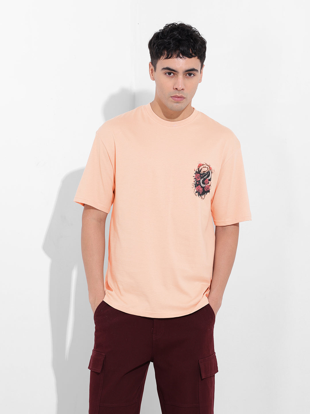 Men's Beige Boxy Oversized Graphic Back Printed Round Neck T-shirt