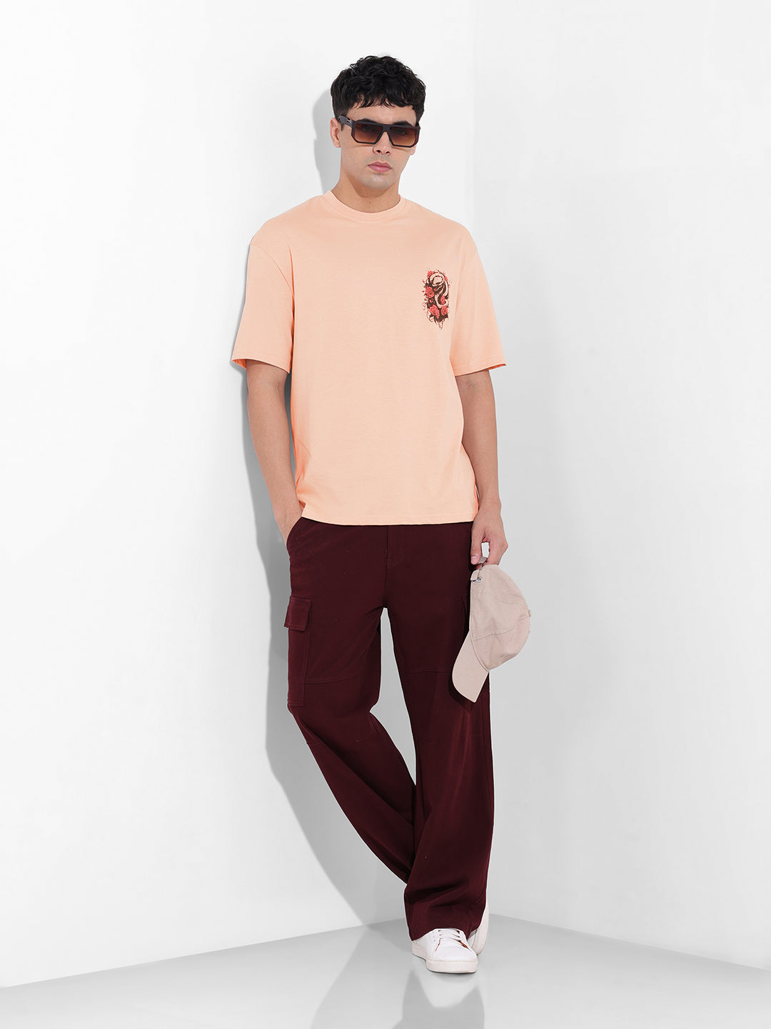 Men's Beige Boxy Oversized Graphic Back Printed Round Neck T-shirt