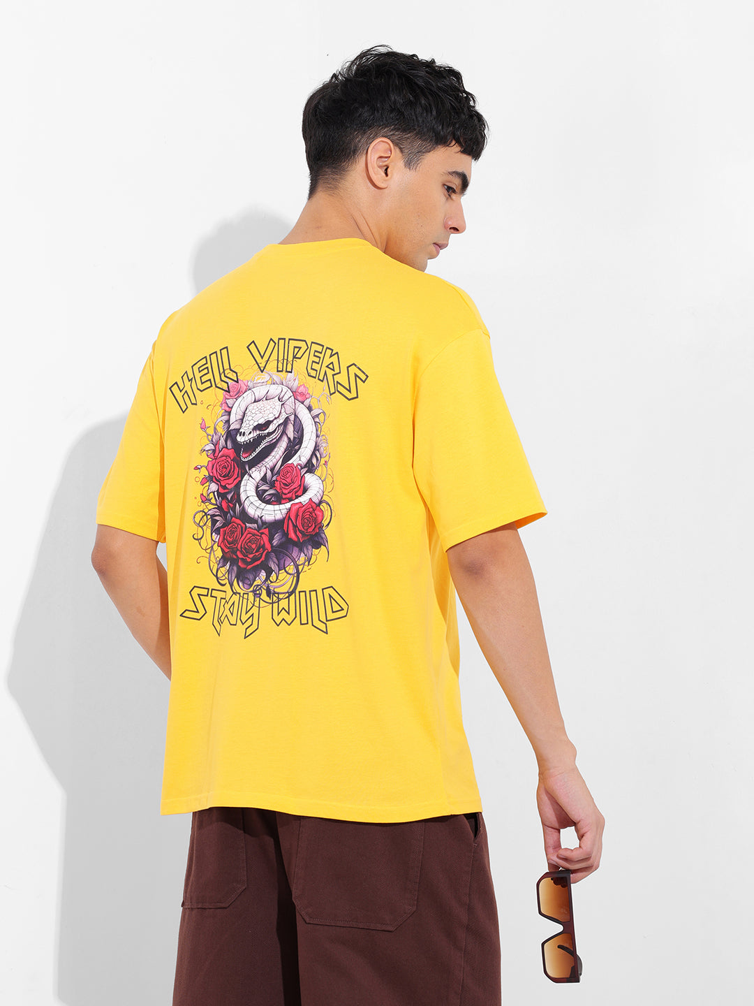 Men's Yellow Boxy Oversized Graphic Back Printed Round Neck T-shirt