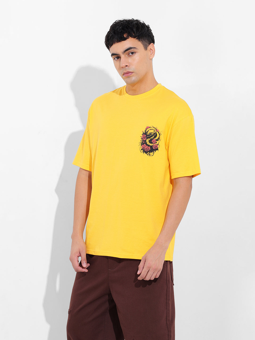Men's Yellow Boxy Oversized Graphic Back Printed Round Neck T-shirt
