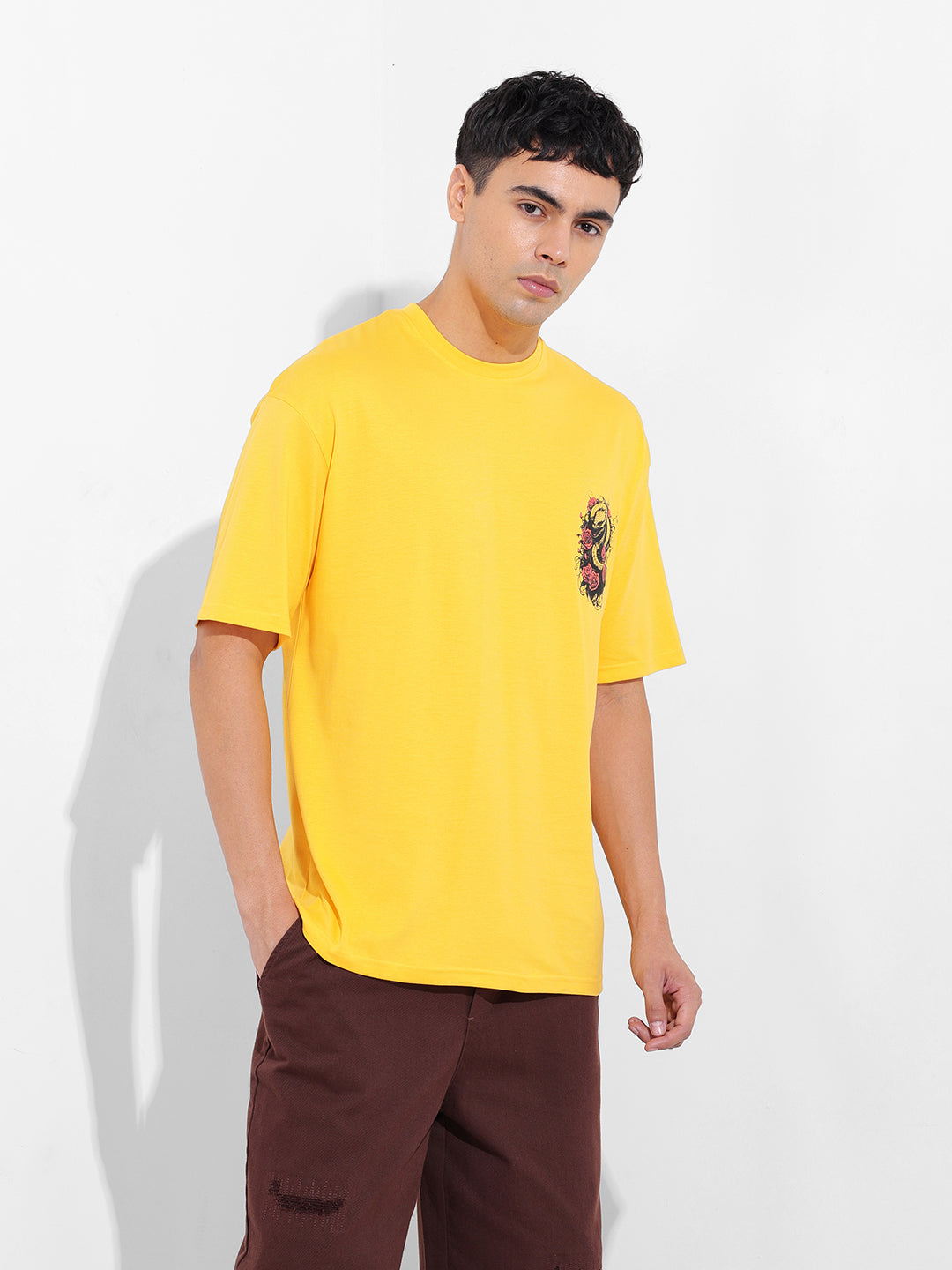 Men's Yellow Boxy Oversized Graphic Back Printed Round Neck T-shirt