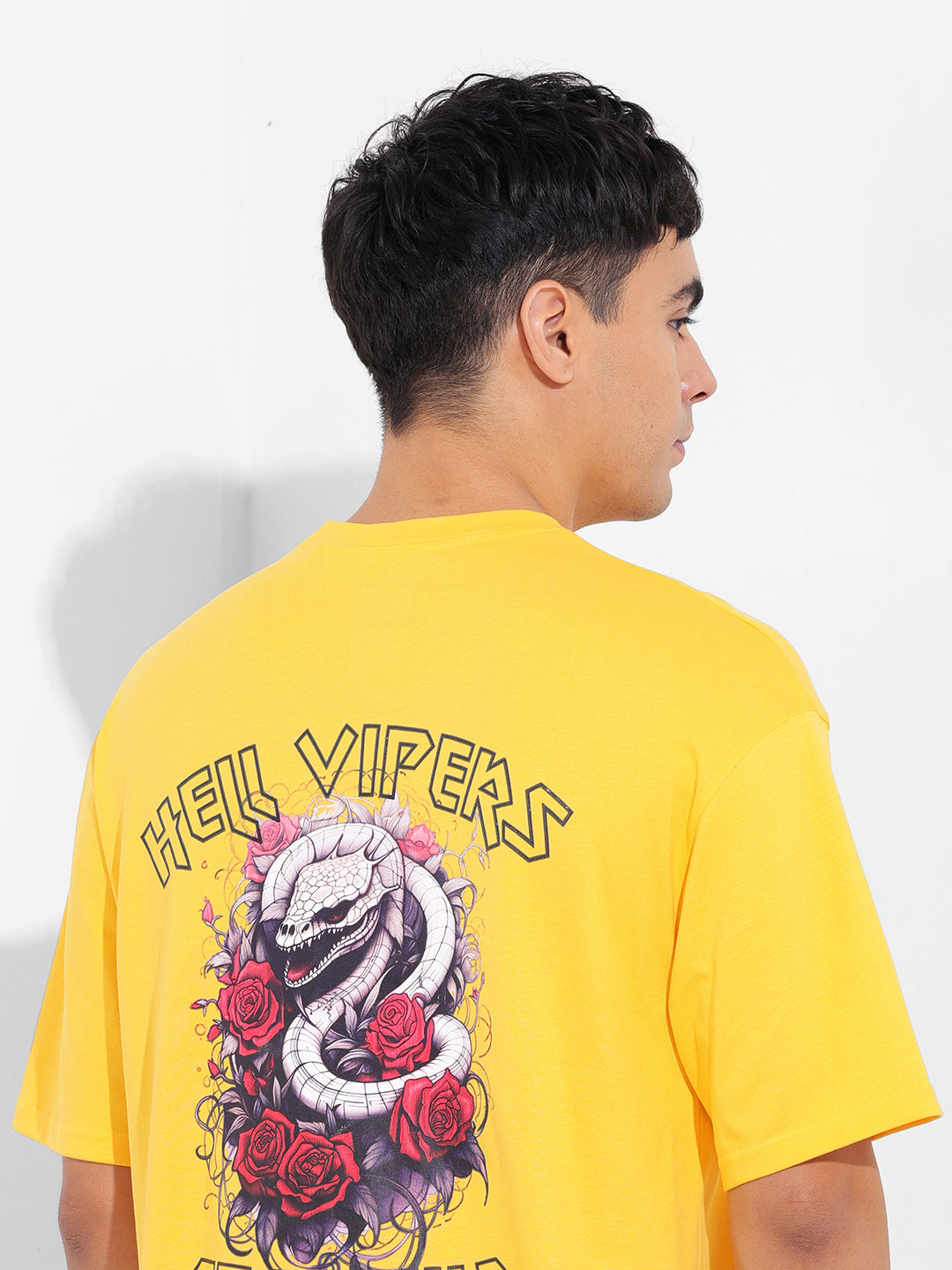 Men's Yellow Boxy Oversized Graphic Back Printed Round Neck T-shirt