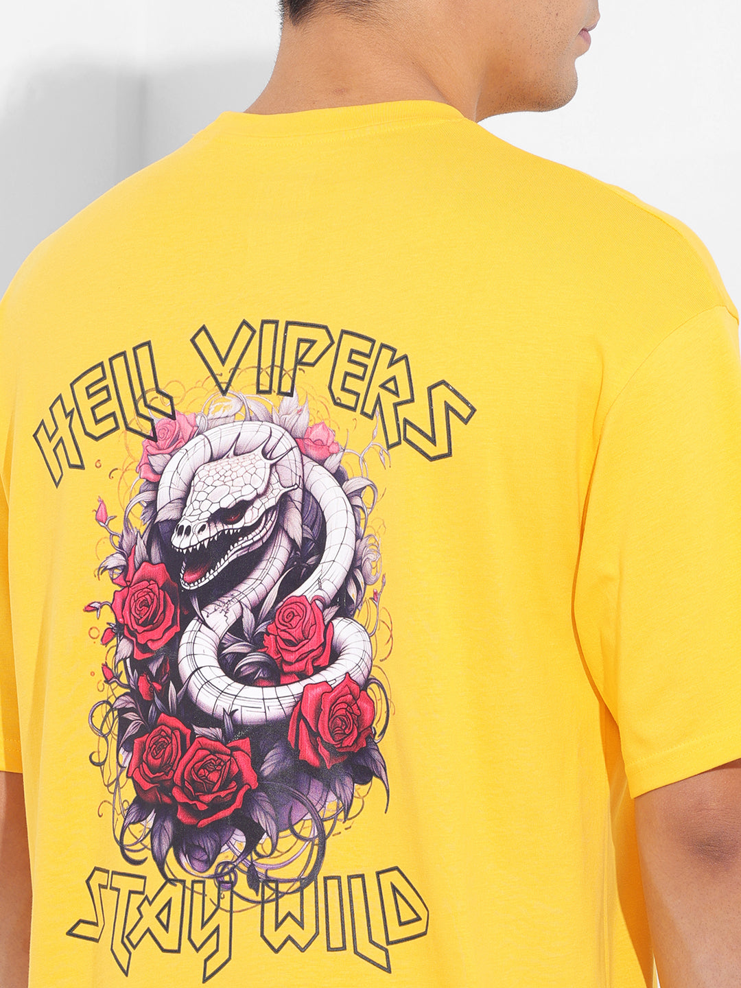 Men's Yellow Boxy Oversized Graphic Back Printed Round Neck T-shirt