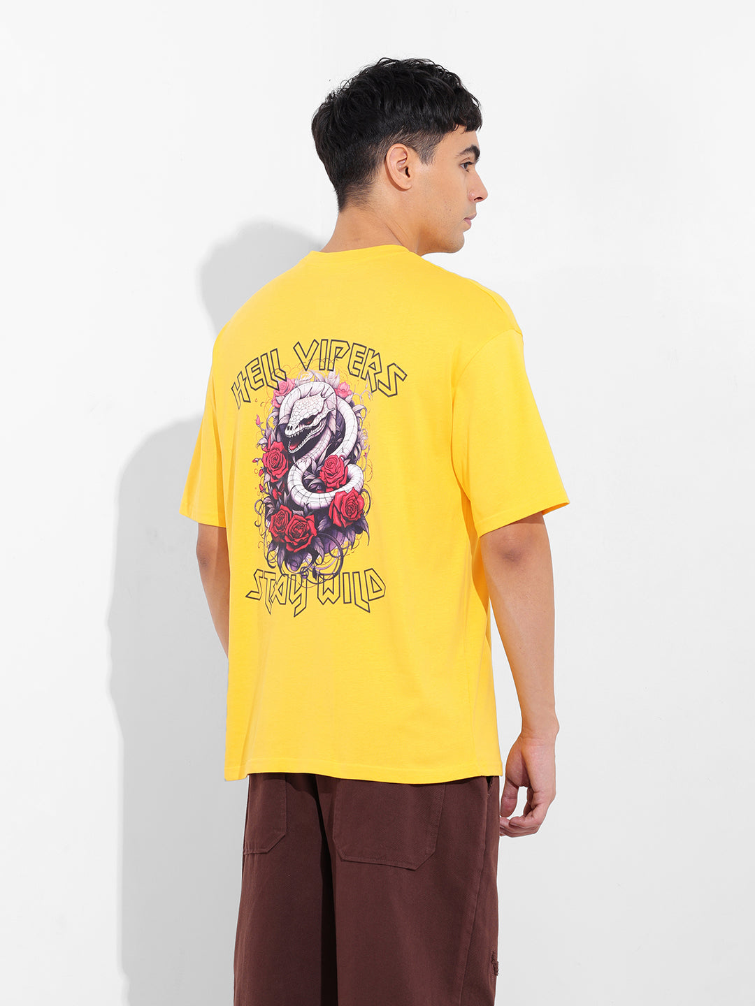 Men's Yellow Boxy Oversized Graphic Back Printed Round Neck T-shirt