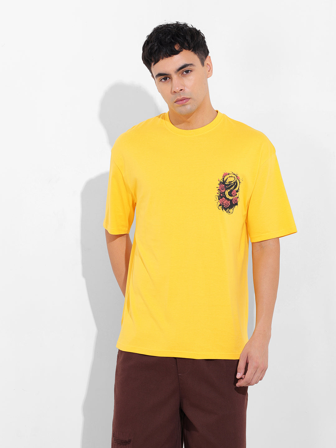 Men's Yellow Boxy Oversized Graphic Back Printed Round Neck T-shirt