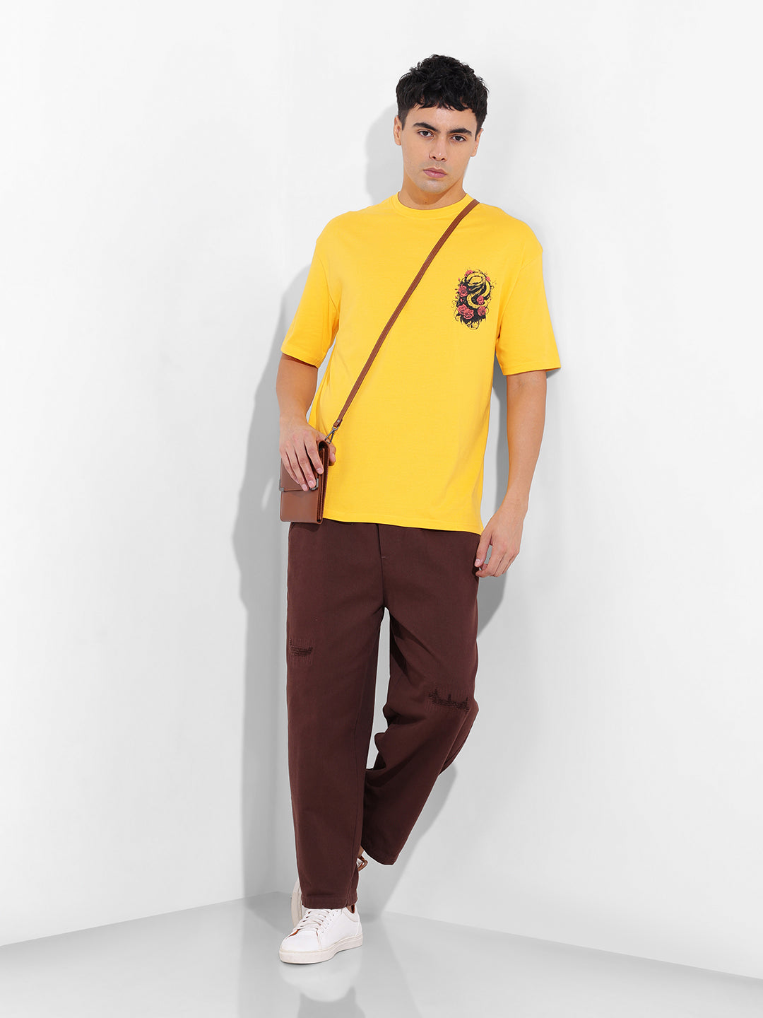 Men's Yellow Boxy Oversized Graphic Back Printed Round Neck T-shirt
