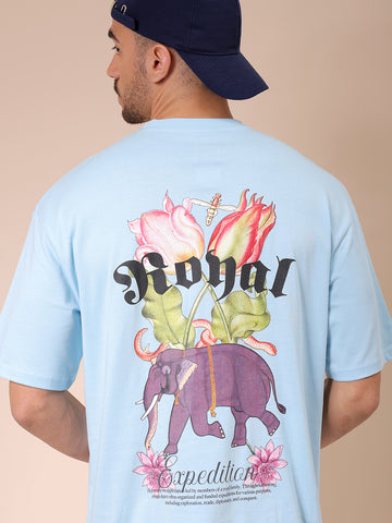 Men's Blue Boxy Oversized Graphic Back Printed Round Neck T-shirt