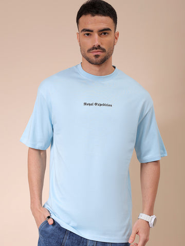 Men's Blue Boxy Oversized Graphic Back Printed Round Neck T-shirt