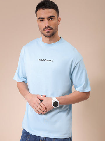 Men's Blue Boxy Oversized Graphic Back Printed Round Neck T-shirt