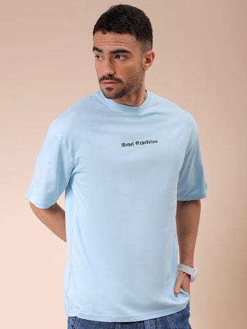 Men's Blue Boxy Oversized Graphic Back Printed Round Neck T-shirt