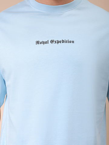 Men's Blue Boxy Oversized Graphic Back Printed Round Neck T-shirt