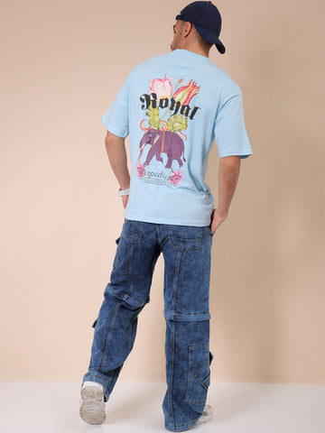 Men's Blue Boxy Oversized Graphic Back Printed Round Neck T-shirt
