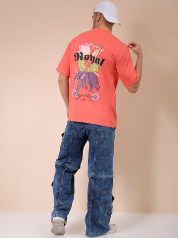 Men's Red Boxy Oversized Graphic Back Printed Round Neck T-shirt