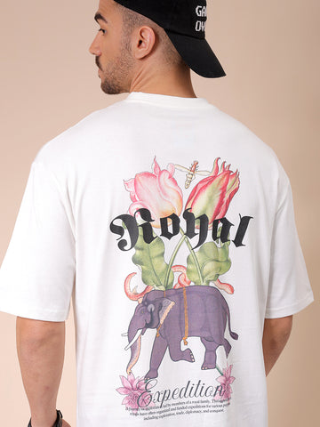 Men's White Boxy Oversized Graphic Back Printed Round Neck T-shirt