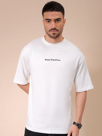 Men's White Boxy Oversized Graphic Back Printed Round Neck T-shirt