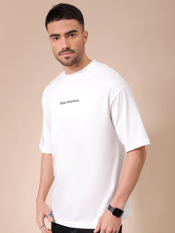 Men's White Boxy Oversized Graphic Back Printed Round Neck T-shirt