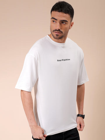 Men's White Boxy Oversized Graphic Back Printed Round Neck T-shirt