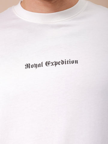 Men's White Boxy Oversized Graphic Back Printed Round Neck T-shirt