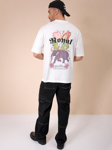 Men's White Boxy Oversized Graphic Back Printed Round Neck T-shirt