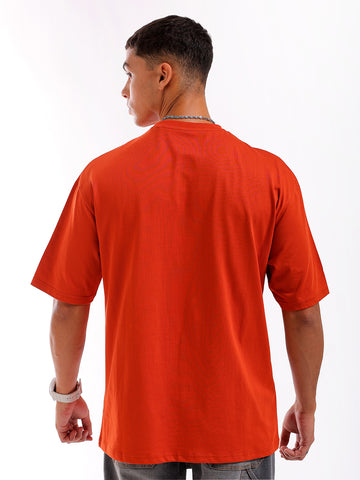 Men's Orange Boxy Oversized Placement Print Round Neck T-shirt