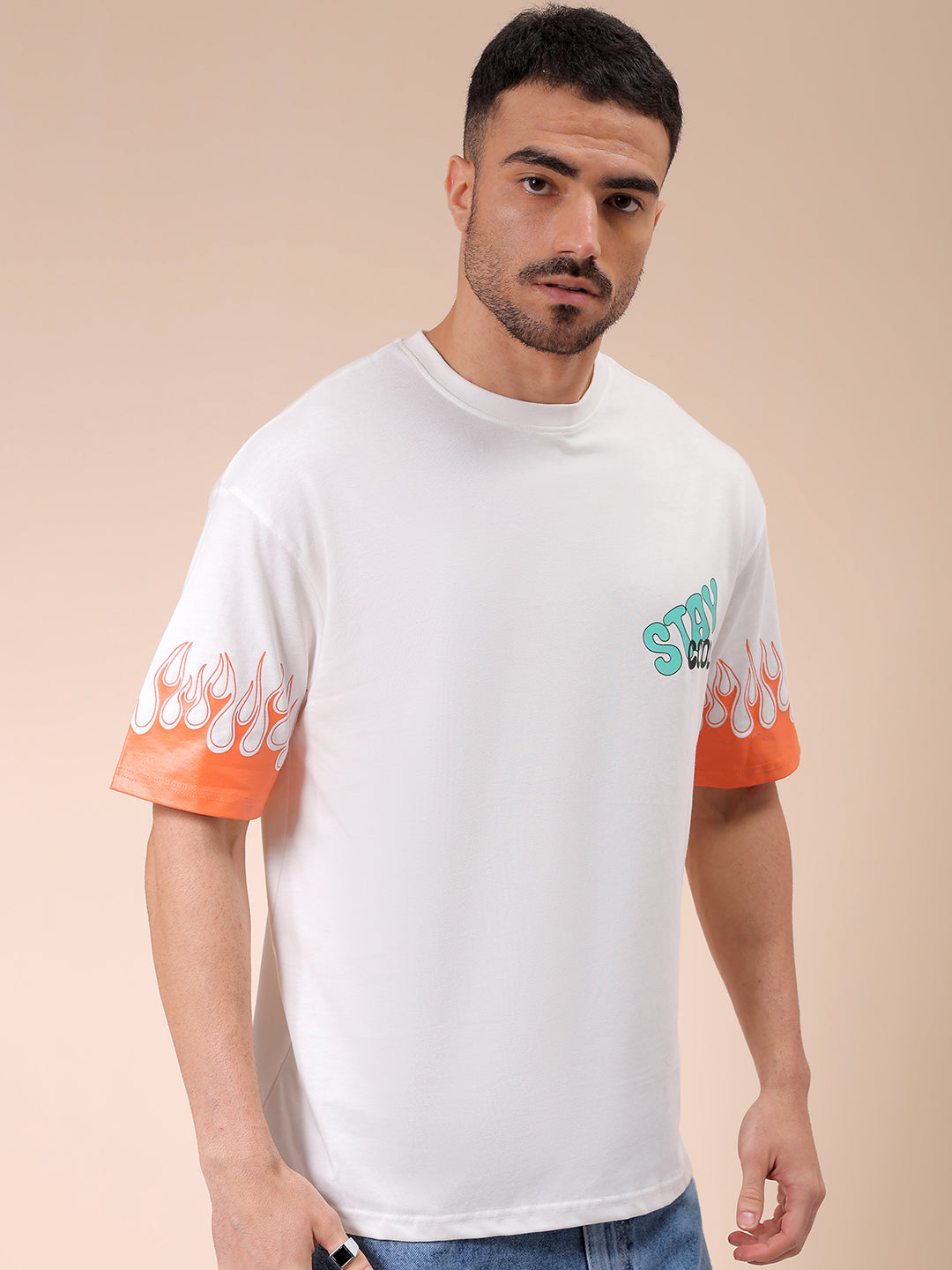 Men's White Oversized Graphic Back Printed T-Shirt