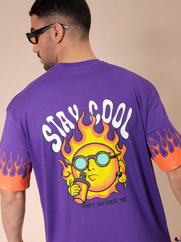 Men's Purple Boxy Oversized Graphic Back Printed Round Neck T-shirt
