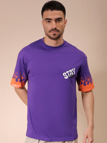 Men's Purple Boxy Oversized Graphic Back Printed Round Neck T-shirt