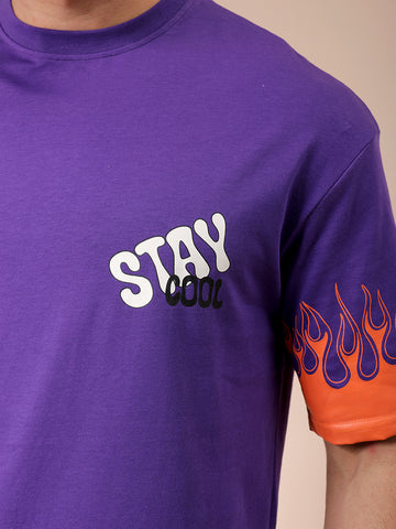 Men's Purple Boxy Oversized Graphic Back Printed Round Neck T-shirt