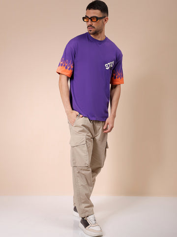Men's Purple Boxy Oversized Graphic Back Printed Round Neck T-shirt