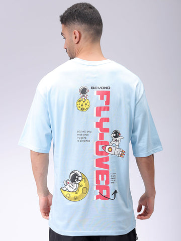 Men's Blue Oversized Graphic Back Printed Round Neck T-shirt