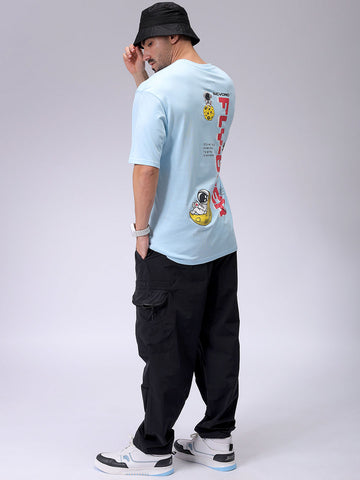 Men's Blue Oversized Graphic Back Printed Round Neck T-shirt