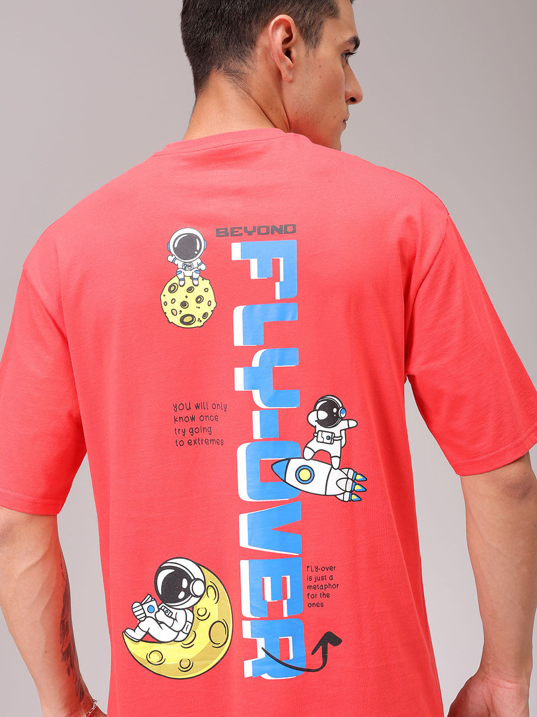 Men's Red Oversized Graphic Back Printed Round Neck T-shirt