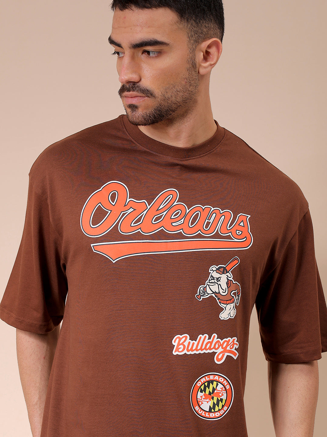 Men's Brown Oversized Placement Printed T-Shirt